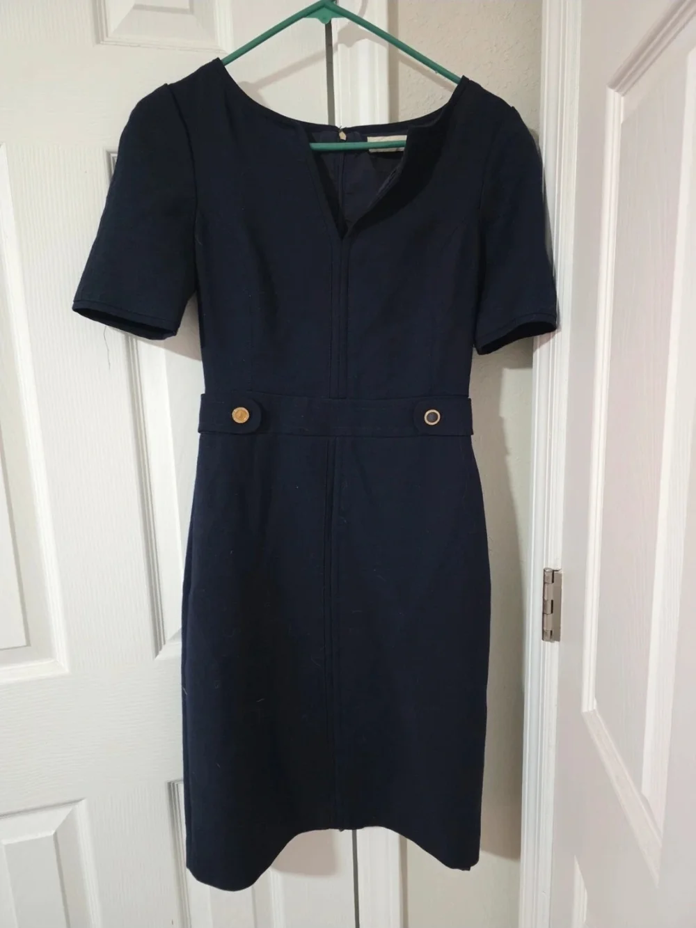 Tory Burch Navy Short-Sleeve Sheath Dress with Waist Tab Buttons